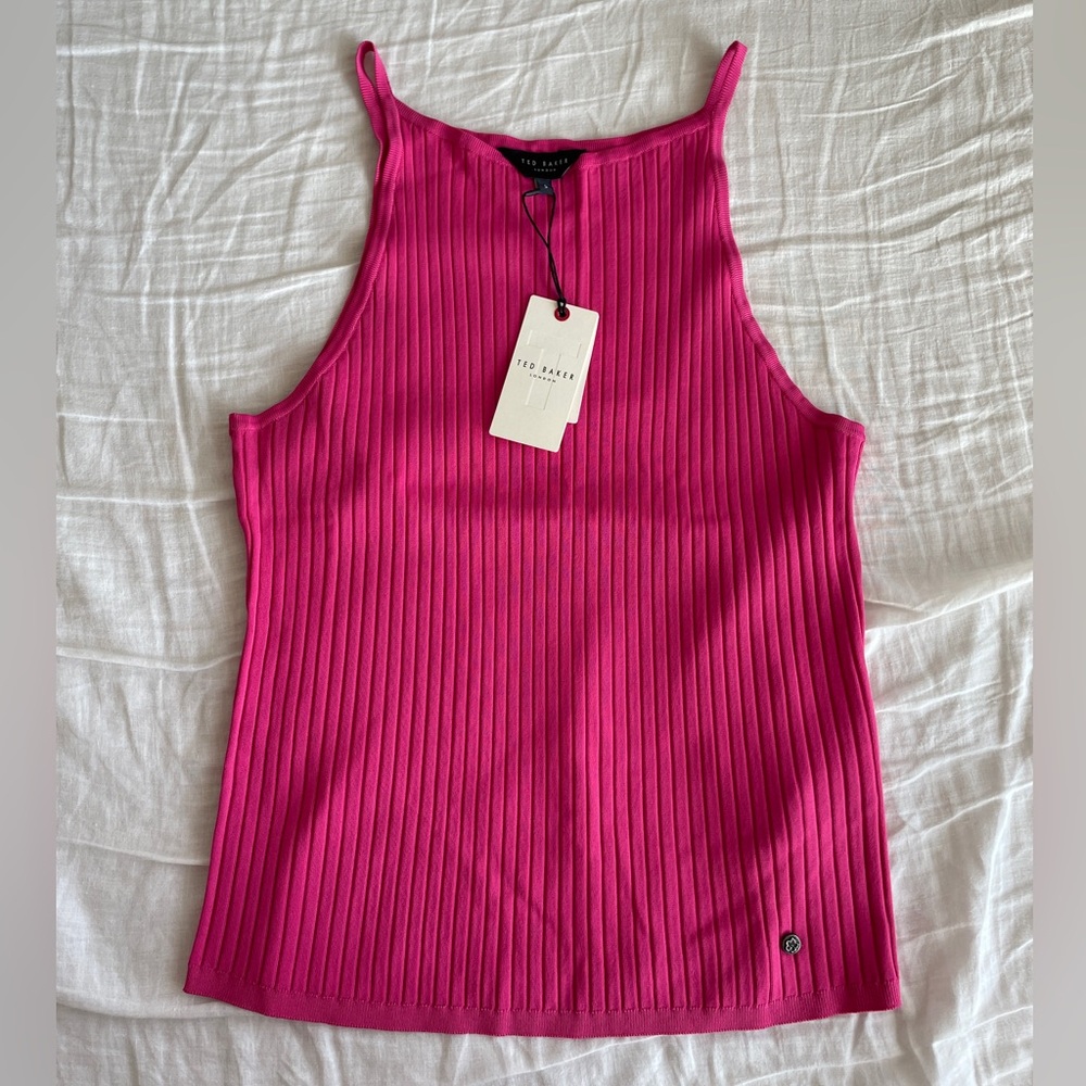 NWT Ted Baker Ribbed Slim-Fit Tank Top in Bright Pink